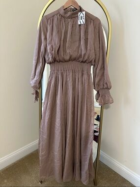 Mauve-Taupe Long Sleeve Smocked Waist Maxi Dress